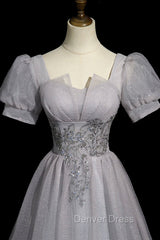 Gray Tulle Beaded Long Prom Dresses, A-Line Short Sleeve Evening Party Dresses