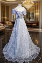 Gray Tulle Beaded Long Prom Dress, Off the Shoulder Prom Dresses with Bow