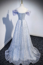 Gray Tulle Beaded Long Prom Dress, Off the Shoulder Prom Dresses with Bow