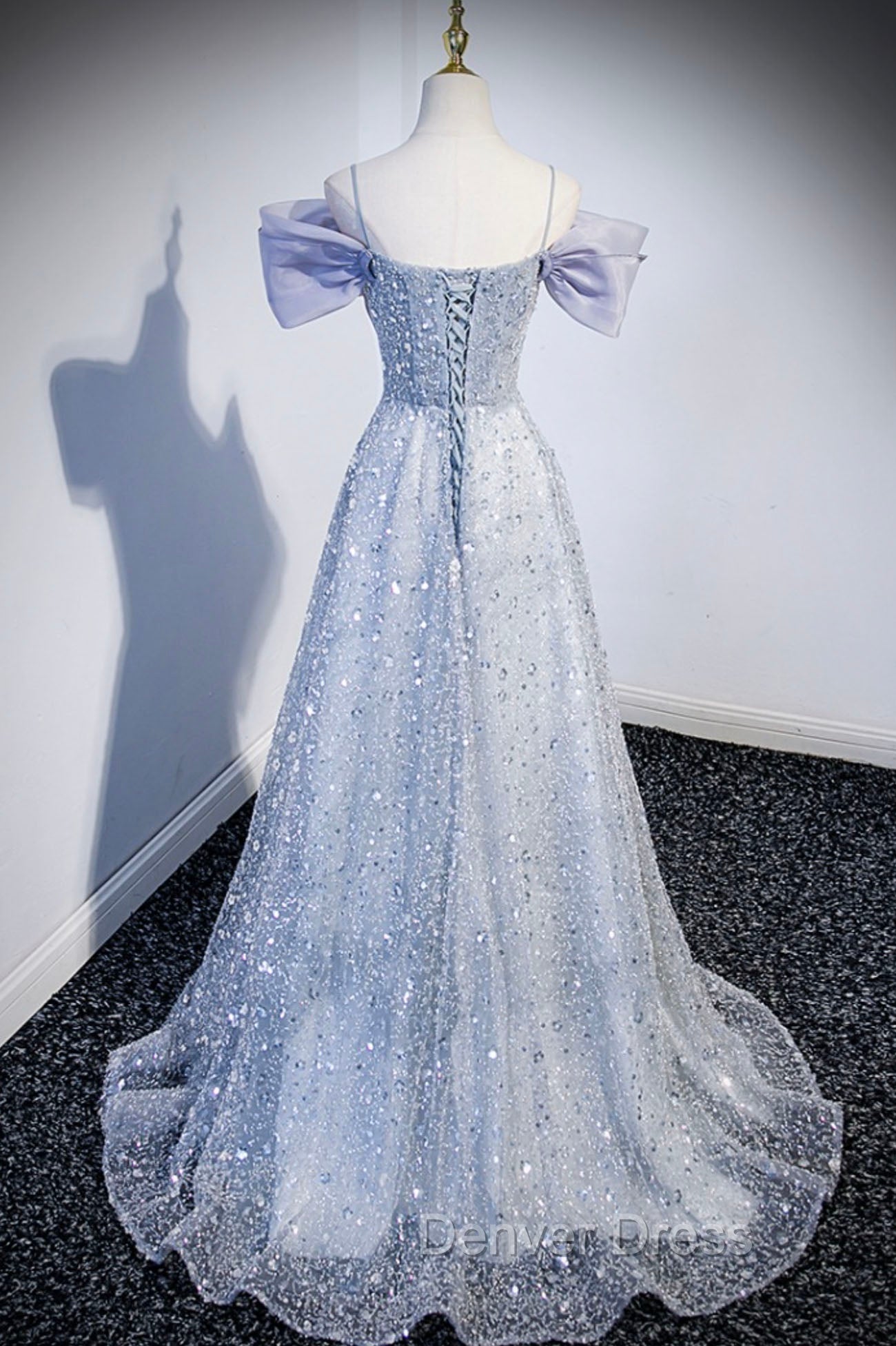 Gray Tulle Beaded Long Prom Dress, Off the Shoulder Prom Dresses with Bow