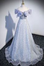Gray Tulle Beaded Long Prom Dress, Off the Shoulder Prom Dresses with Bow