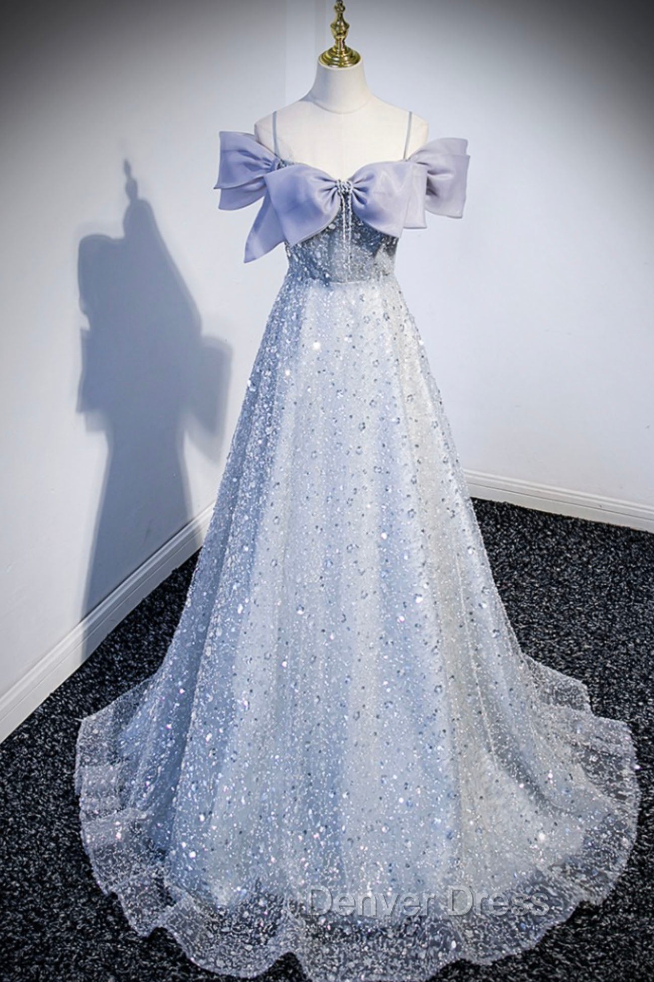 Gray Tulle Beaded Long Prom Dress, Off the Shoulder Prom Dresses with Bow