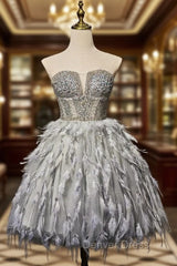 Gray Tulle Beading Feather Short Homecoming Dresses