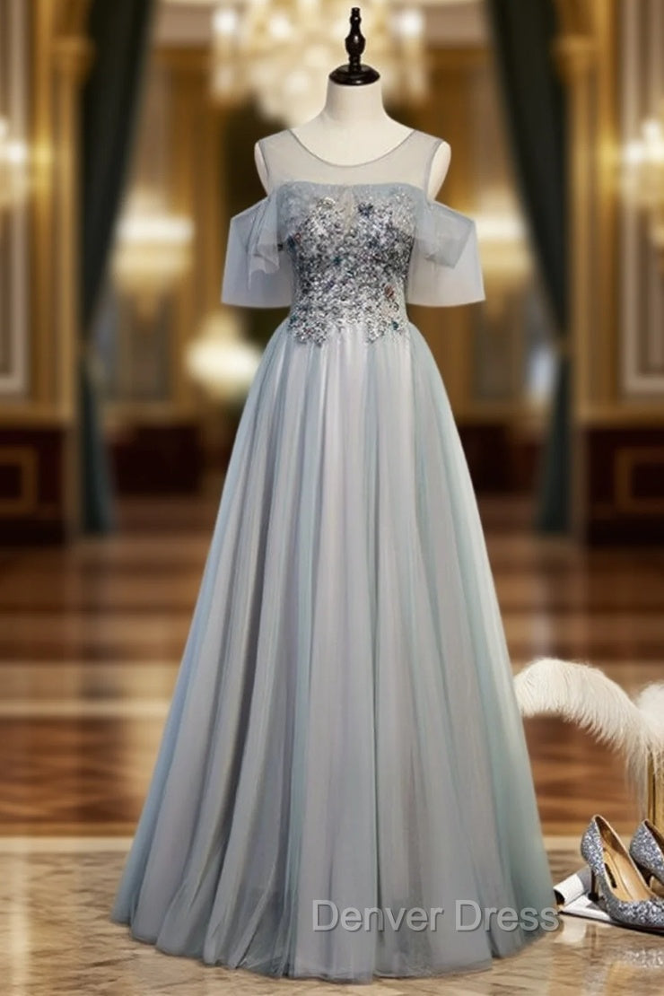 Gray Tulle Beading Sequins Formal Prom Dresses Main image