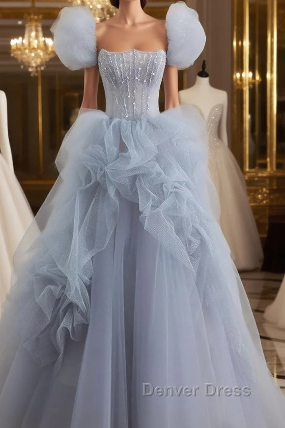 Gray tulle beads long prom Dress, gray tulle Prom Dresses Main image