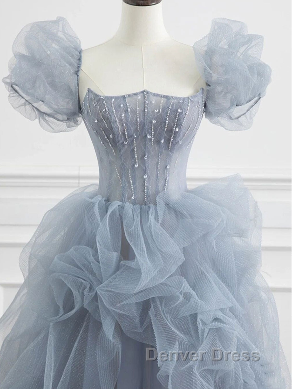 Gray tulle beads long prom Dress, gray tulle Prom Dresses Secondary image
