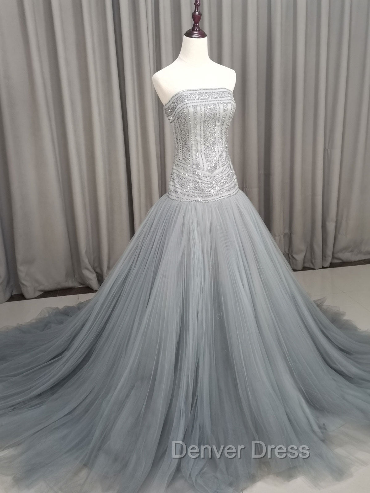 Gray Tulle Beads Long Prom Dresses Gray Tulle Formal Evening Graduation Dresses Secondary image