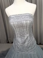 Gray Tulle Beads Long Prom Dress Gray Tulle Prom Graduation Dresses