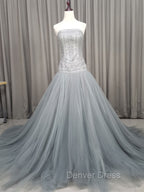 Gray Tulle Beads Long Prom Dresses Gray Tulle Formal Evening Graduation Dresses