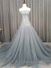 Gray Tulle Beads Long Prom Dresses Gray Tulle Formal Evening Graduation Dresses