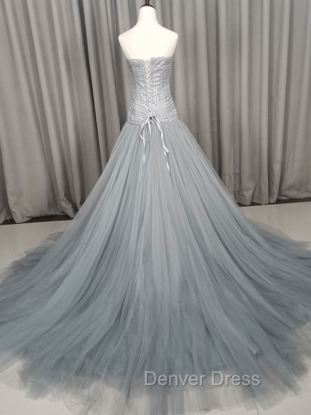 Gray Tulle Beads Long Prom Dresses Gray Tulle Formal Evening Graduation Dresses