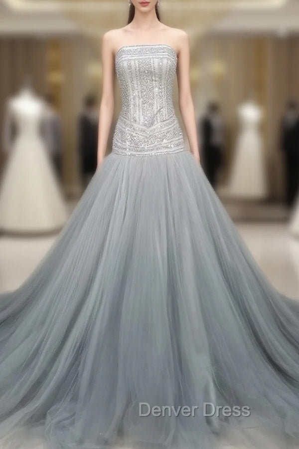 Gray Tulle Beads Long Prom Dresses Gray Tulle Formal Evening Graduation Dresses Main image