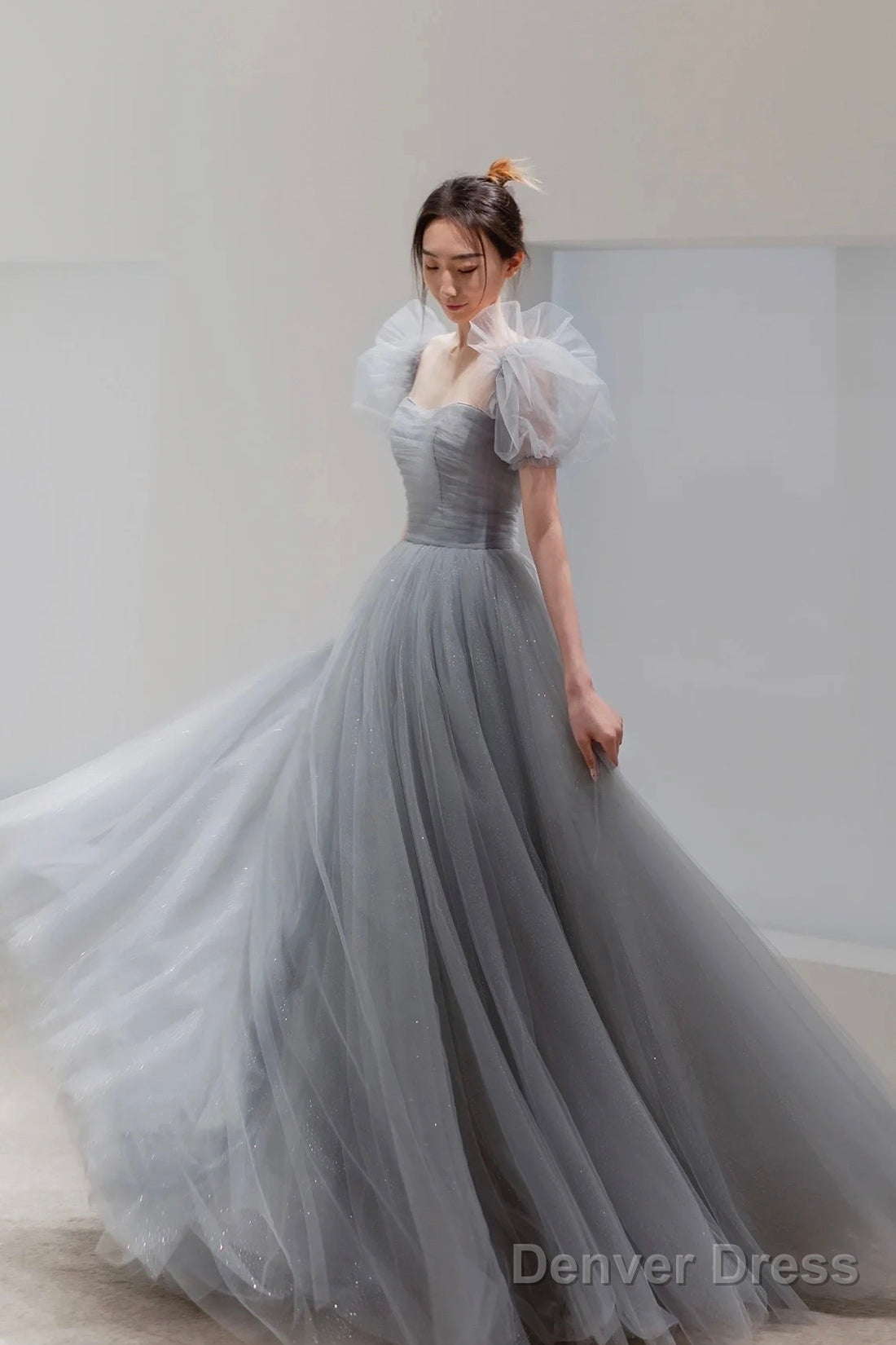 Gray Tulle Floor Length A-Line Prom Dress, Lovely Puff Sleeve Evening Party Dress
