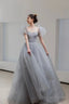Gray Tulle Floor Length A-Line Prom Dress, Lovely Puff Sleeve Evening Party Dress