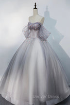 Gray Tulle Floor Length Prom Dresses, Off the Shoulder Evening Party Dresses