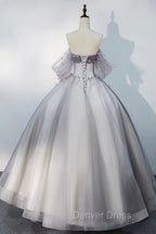 Gray Tulle Floor Length Prom Dresses, Off the Shoulder Evening Party Dresses