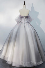 Gray Tulle Floor Length Prom Dress, Off the Shoulder Prom Dresses
