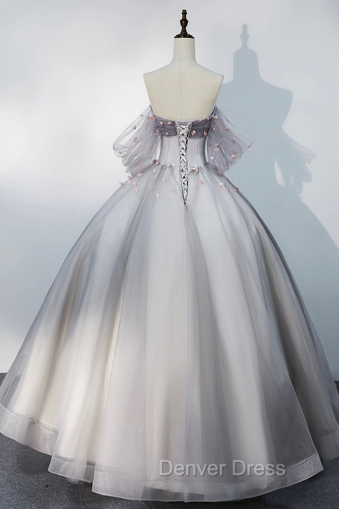 Gray Tulle Floor Length Prom Dress, Off the Shoulder Prom Dresses