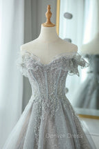 Gray Tulle Lace Floor Length Prom Dress, Off the Shoulder Prom Dresses
