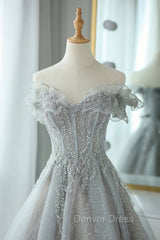Gray Tulle Lace Floor Length Evening Dresses, Off the Shoulder Prom Dresses