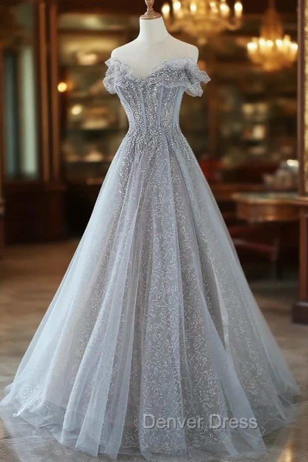 Gray Tulle Lace Floor Length Prom Dress, Off the Shoulder Prom Dresses