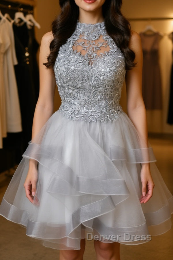 Gray tulle lace high neck short prom Dress gray homecoming Dresses Main image