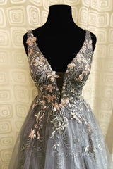 Gray Tulle Lace long A-Line Prom Dresses, Gray V-Neck Evening Party Dresses