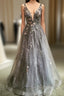 Gray Tulle Lace long A Line Prom Dress, Gray V Neck Prom Dresses