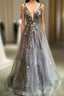 Gray Tulle Lace long A-Line Prom Dresses, Gray V-Neck Evening Party Dresses