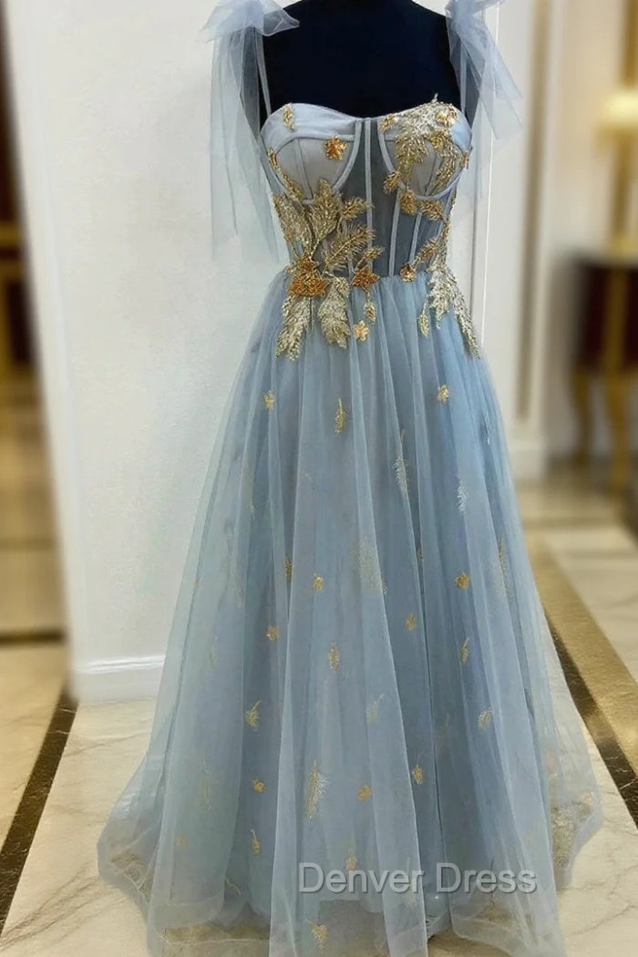 Gray Tulle Lace Long Prom Dress, A Line Spaghetti Straps Prom Dresses