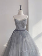Gray Tulle Lace Long Prom Dresses, Gray Ball Gown Formal Dresses