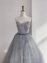 Gray Tulle Lace Long Prom Dresses, Gray Ball Gown Formal Dresses