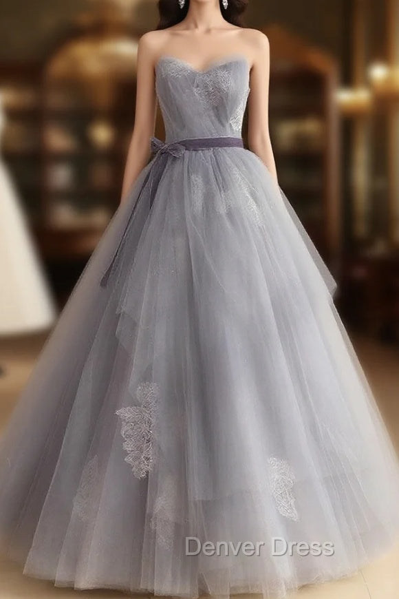 Gray Tulle Lace Long Prom Dresses, Gray Ball Gown Formal Dresses Main image