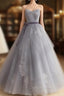 Gray Tulle Lace Long Prom Dresses, Gray Ball Gown Formal Dresses