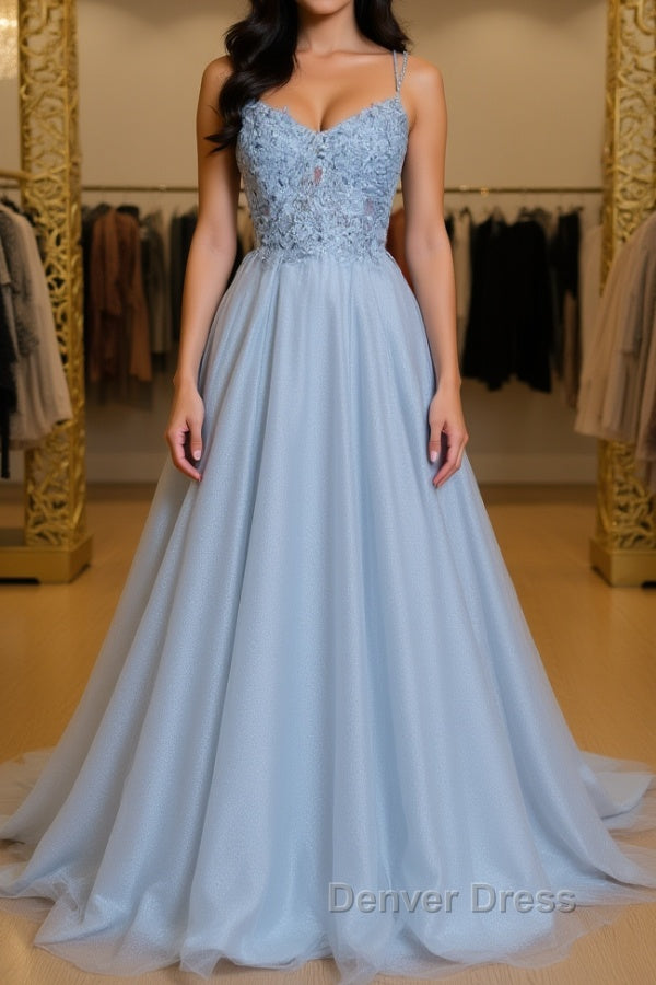 Gray tulle lace long prom Dress gray tulle Prom Dresses Main image
