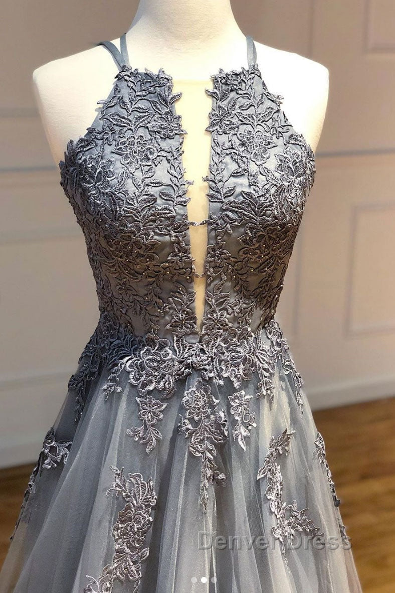 Gray tulle lace long prom Dresses gray tulle lace formal Dresses