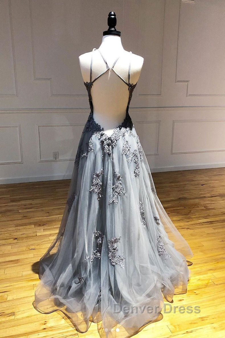 Gray tulle lace long prom Dresses gray tulle lace formal Dresses