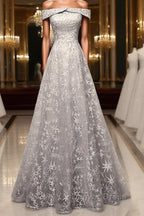 Gray tulle lace long prom Dress, lace tulle bridesmaid Dresses