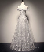 Gray tulle lace long prom Dress, lace tulle bridesmaid Dresses