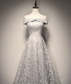 Gray tulle lace long prom Dress, lace tulle bridesmaid Dresses