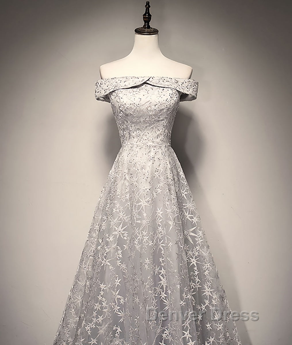 Gray tulle lace long prom Dress, lace tulle bridesmaid Dresses