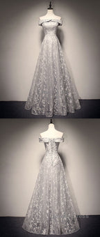 Gray tulle lace long prom Dress, lace tulle bridesmaid Dresses