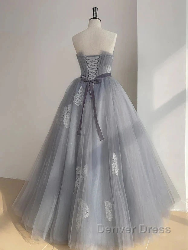 Gray Tulle Lace Long Prom Dress Sweet 16 Dress A Line Off Shoulder December Wedding Guest Dresses Secondary image