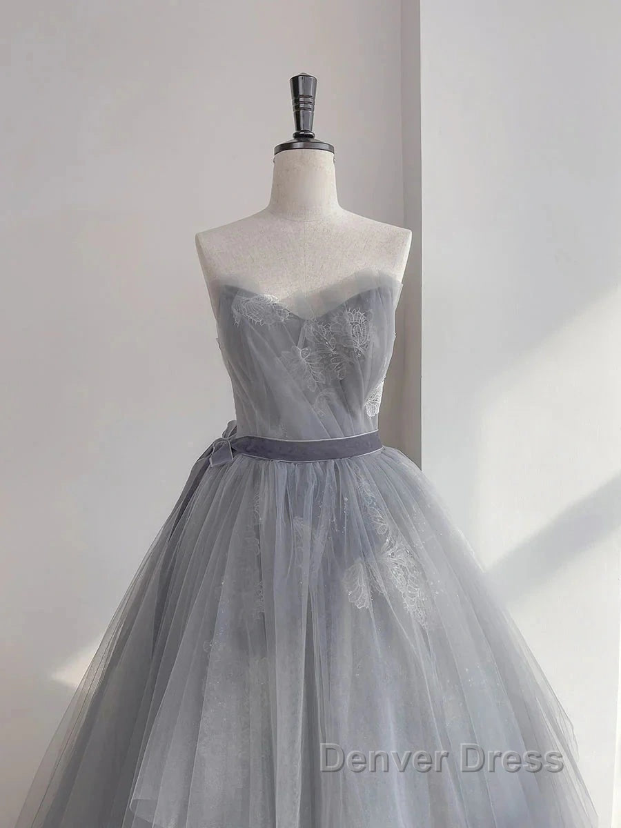 Gray Tulle Lace Long Prom Dresses Sweet 16 Dresses A Line Off Shoulder December Wedding Guest Dresses