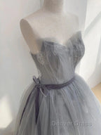 Gray Tulle Lace Long Prom Dresses Sweet 16 Dresses A Line Off Shoulder December Wedding Guest Dresses