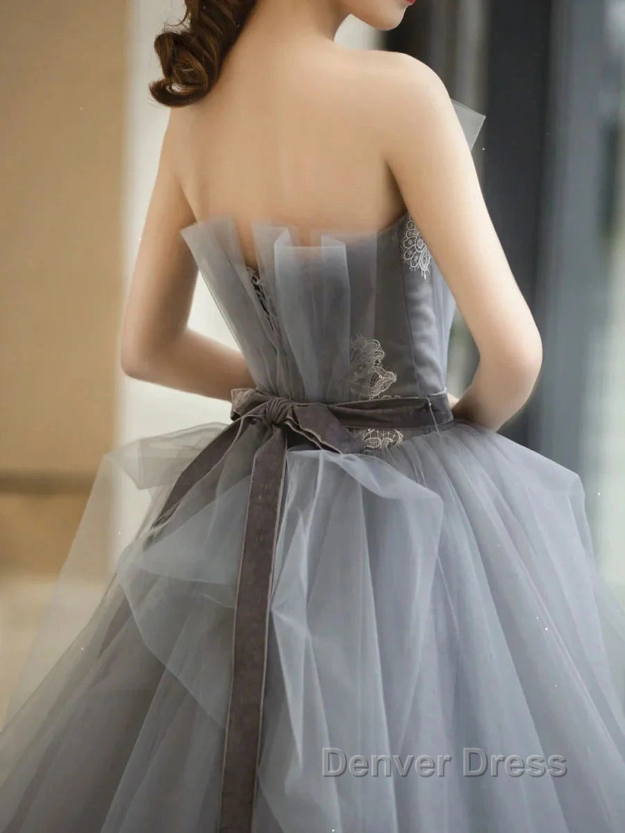Gray Tulle Lace Long Prom Dresses Sweet 16 Dresses A Line Off Shoulder December Wedding Guest Dresses
