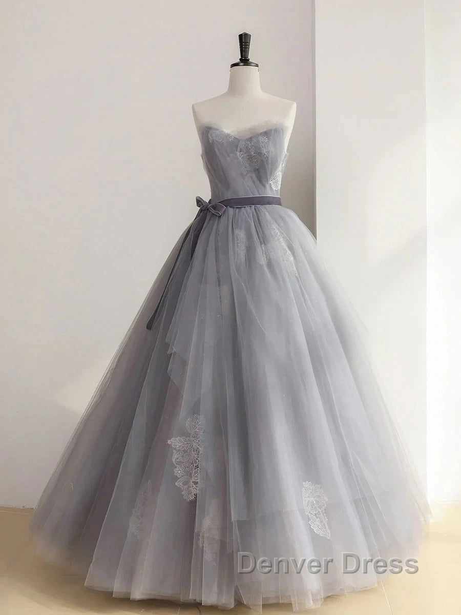 Gray Tulle Lace Long Prom Dresses Sweet 16 Dresses A Line Off Shoulder December Wedding Guest Dresses