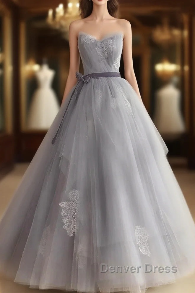 Gray Tulle Lace Long Prom Dresses Sweet 16 Dresses A Line Off Shoulder December Wedding Guest Dresses Main image