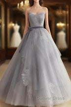 Gray Tulle Lace Long Prom Dresses Sweet 16 Dresses A Line Off Shoulder December Wedding Guest Dresses