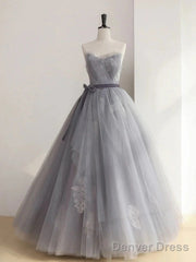 Gray Tulle Lace Long Prom Dress Sweet 16 Dress A Line Off Shoulder December Wedding Guest Dress